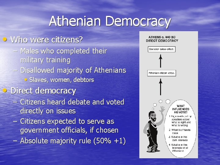 Athenian Democracy • Who were citizens? – Males who completed their military training –