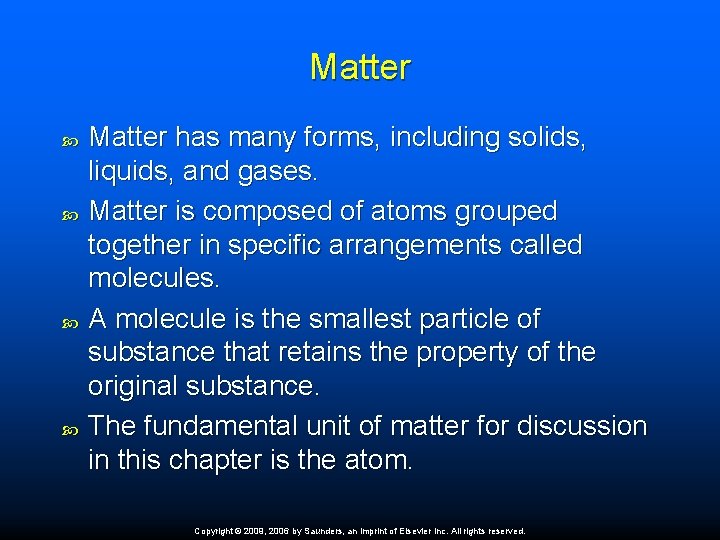 Matter Matter has many forms, including solids, liquids, and gases. Matter is composed of