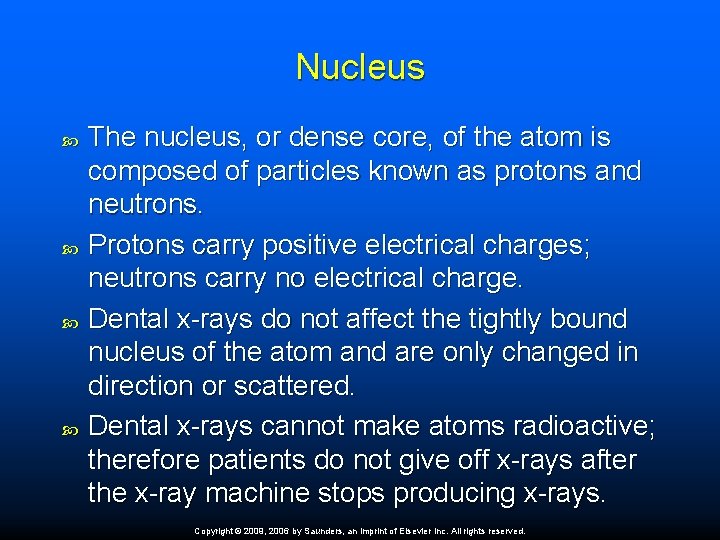 Nucleus The nucleus, or dense core, of the atom is composed of particles known