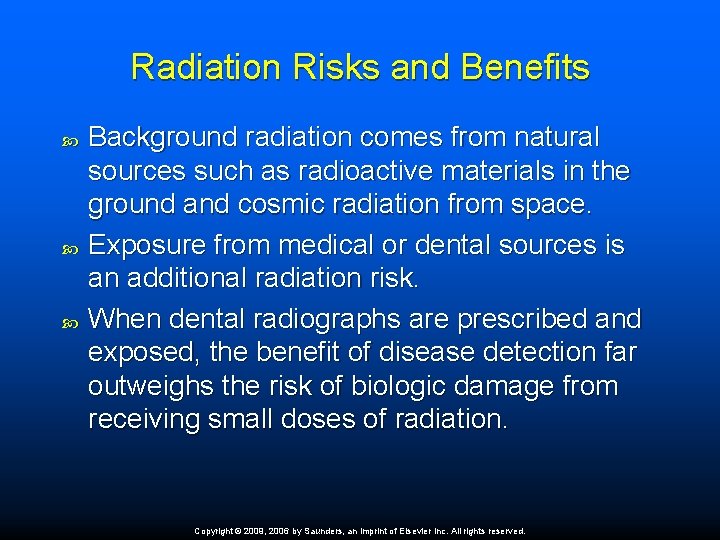 Radiation Risks and Benefits Background radiation comes from natural sources such as radioactive materials