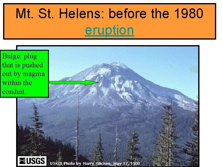 Mt. St. Helens: before the 1980 eruption Bulge: plug that is pushed out by