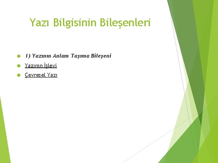 Yazı Bilgisinin Bileşenleri 1) Yazının Anlam Taşıma Bileşeni Yazının İşlevi Çevresel Yazı 