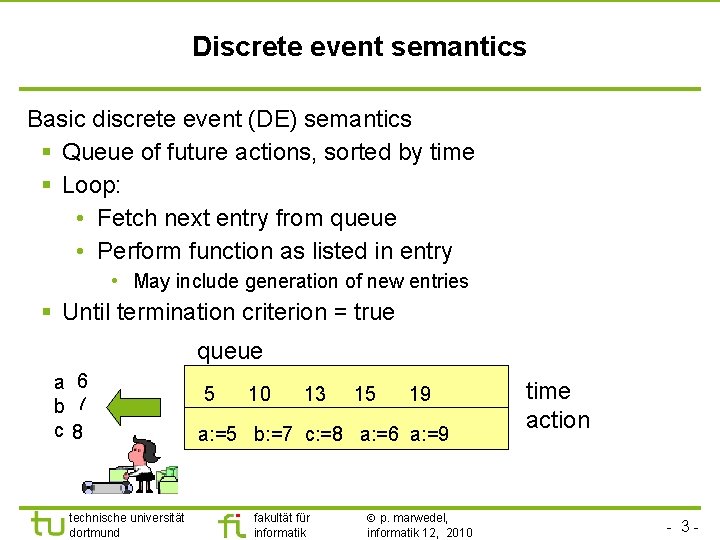 Discrete event semantics Basic discrete event (DE) semantics § Queue of future actions, sorted