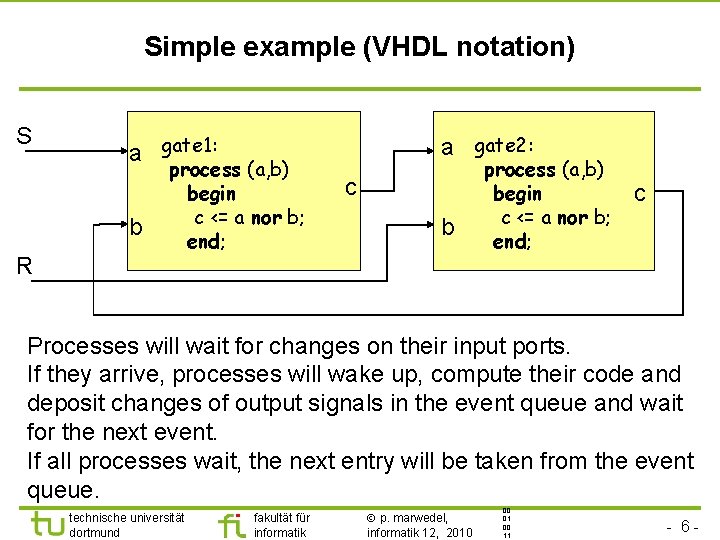 Simple example (VHDL notation) S a gate 1: b R process (a, b) begin