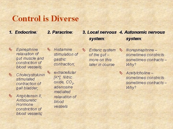 Control is Diverse 1. Endocrine: 2. Paracrine: 3. Local nervous 4. Autonomic nervous system: Control is Diverse 1. Endocrine: 2. Paracrine: 3. Local nervous 4. Autonomic nervous system: