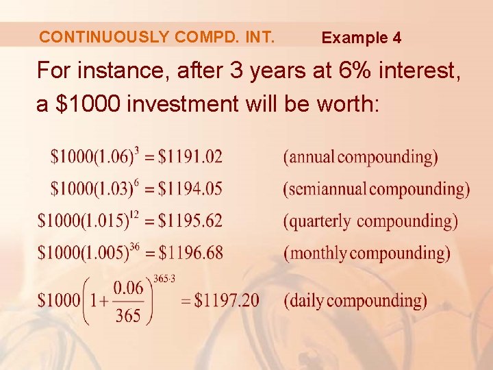 CONTINUOUSLY COMPD. INT. Example 4 For instance, after 3 years at 6% interest, a