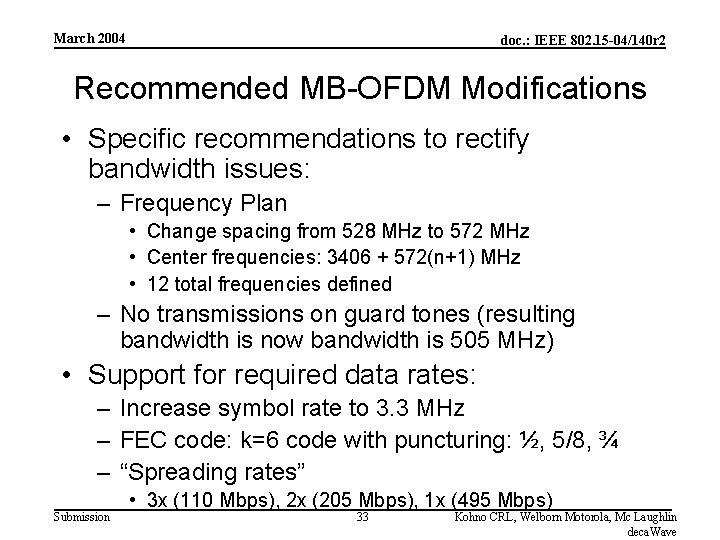 March 2004 doc. : IEEE 802. 15 -04/140 r 2 Recommended MB-OFDM Modifications •