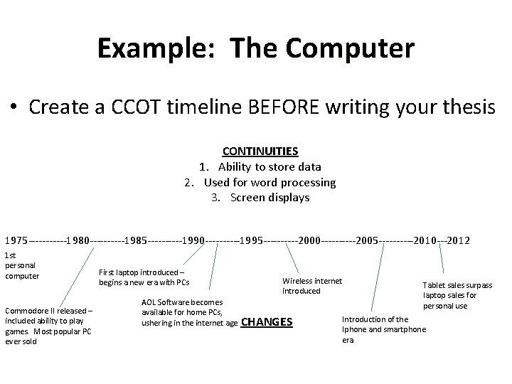 Example: The Computer • Create a CCOT timeline BEFORE writing your thesis CONTINUITIES 1.