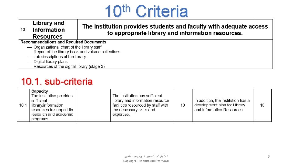 th 10 Criteria 10. 1. sub-criteria ﺩ کﻴﻔﻴﺖ ﺩ ﺗﻀﻤﻴﻦ ﺩ چﺎﺭچﻮﺏ ﺗﻔﺴﻴﺮ Copyright