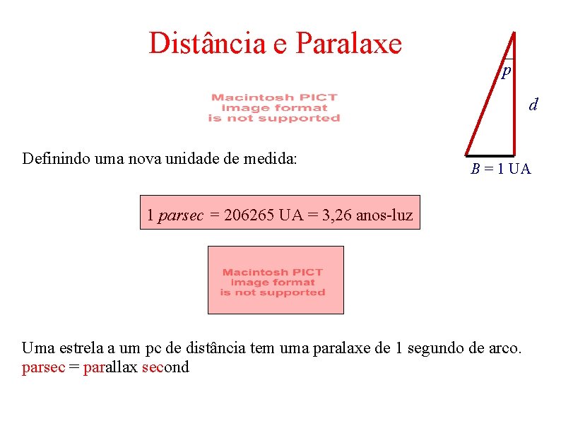 Distância e Paralaxe p d Definindo uma nova unidade de medida: B = 1