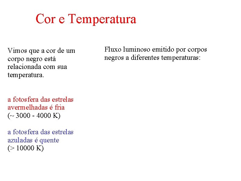 Cor e Temperatura Vimos que a cor de um corpo negro está relacionada com