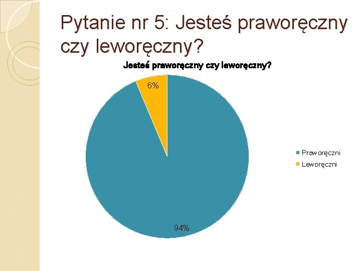 Pytanie nr 5: Jesteś praworęczny czy leworęczny? 6% Praworęczni Leworęczni 94% 