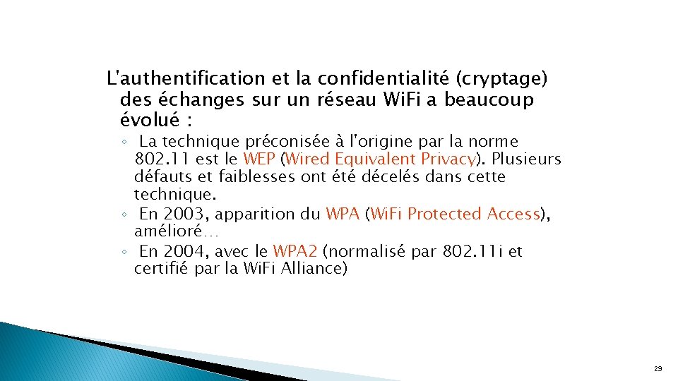 L'authentification et la confidentialité (cryptage) des échanges sur un réseau Wi. Fi a beaucoup