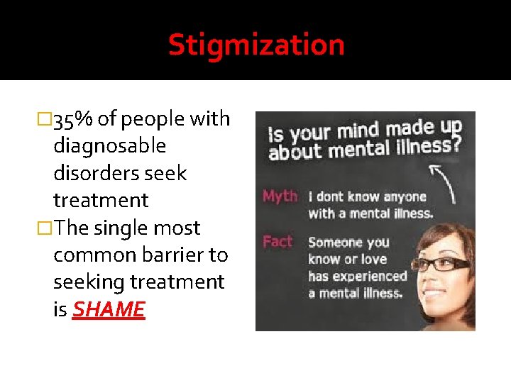 Stigmization � 35% of people with diagnosable disorders seek treatment �The single most common