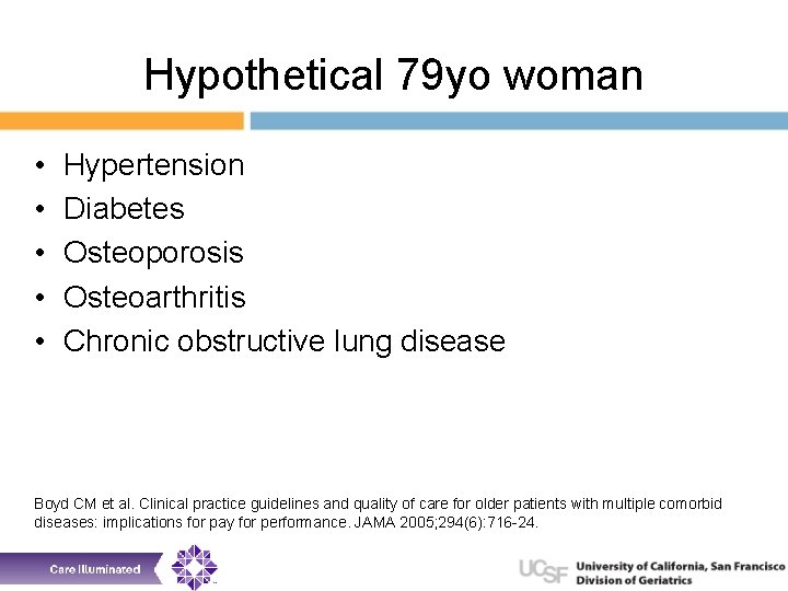 Hypothetical 79 yo woman • • • Hypertension Diabetes Osteoporosis Osteoarthritis Chronic obstructive lung