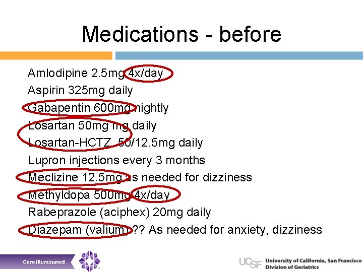 Medications - before Amlodipine 2. 5 mg 4 x/day Aspirin 325 mg daily Gabapentin
