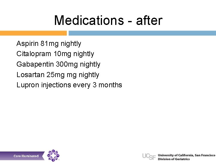 Medications - after Aspirin 81 mg nightly Citalopram 10 mg nightly Gabapentin 300 mg