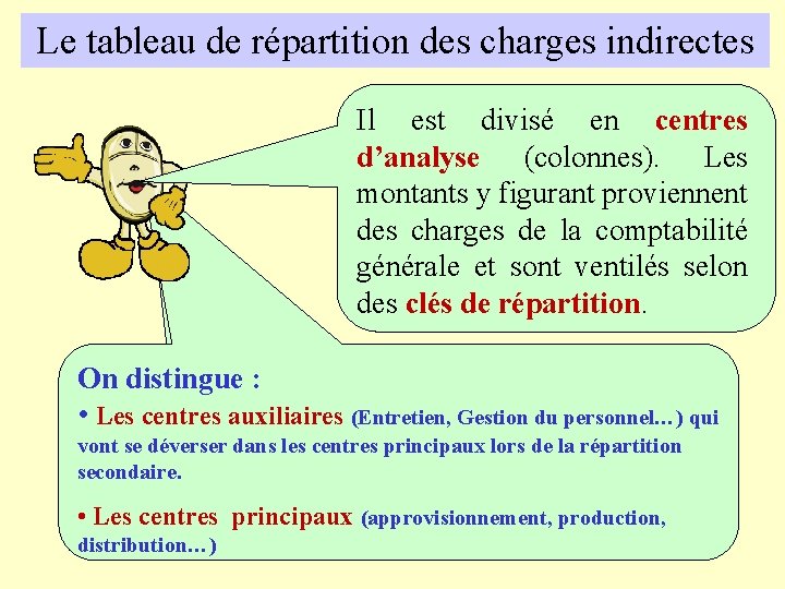 Le tableau de répartition des charges indirectes Il est divisé en centres d’analyse (colonnes).