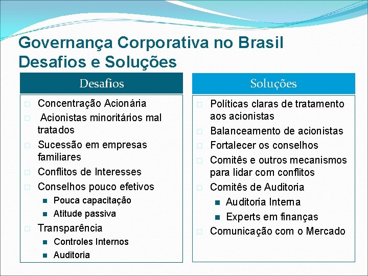 Governança Corporativa no Brasil Desafios e Soluções Desafios p p p Concentração Acionária Acionistas