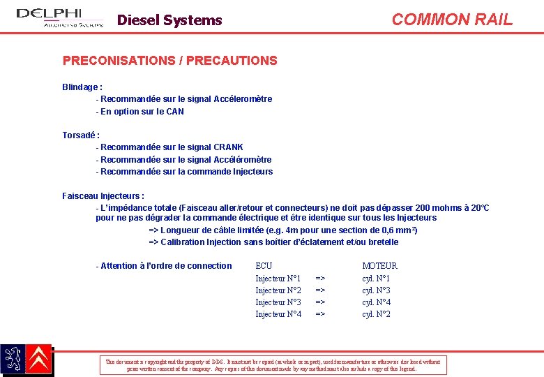 COMMON RAIL Diesel Systems PRECONISATIONS / PRECAUTIONS Blindage : - Recommandée sur le signal