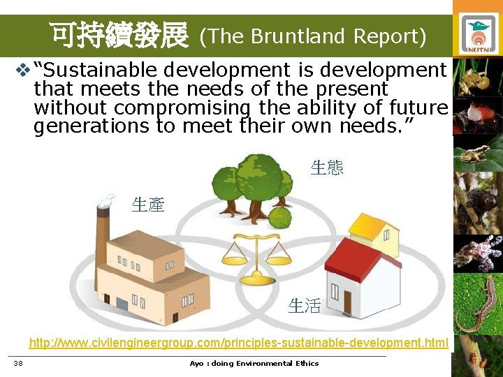 可持續發展 (The Bruntland Report) v “Sustainable development is development that meets the needs of