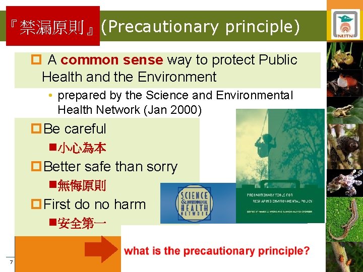 『禁漏原則』(Precautionary principle) p A common sense way to protect Public Health and the Environment