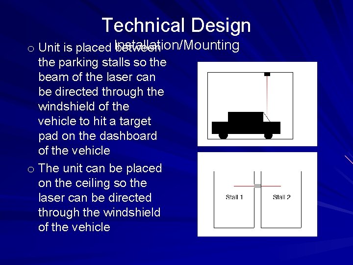 Technical Design o Unit is placed Installation/Mounting between the parking stalls so the beam