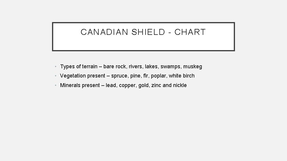 CANADIAN SHIELD - CHART • Types of terrain – bare rock, rivers, lakes, swamps,