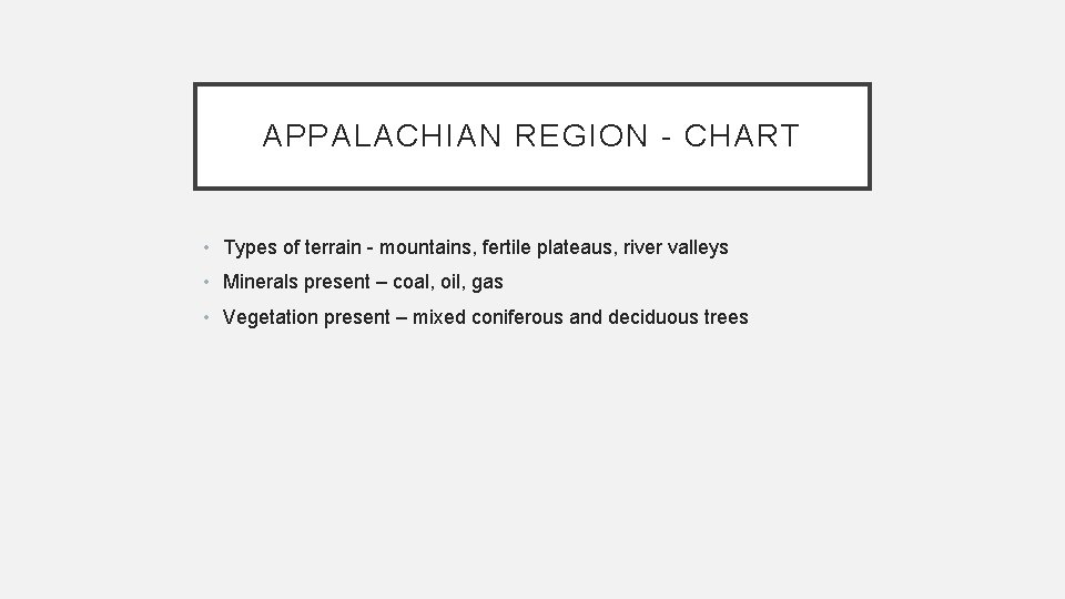 APPALACHIAN REGION - CHART • Types of terrain - mountains, fertile plateaus, river valleys
