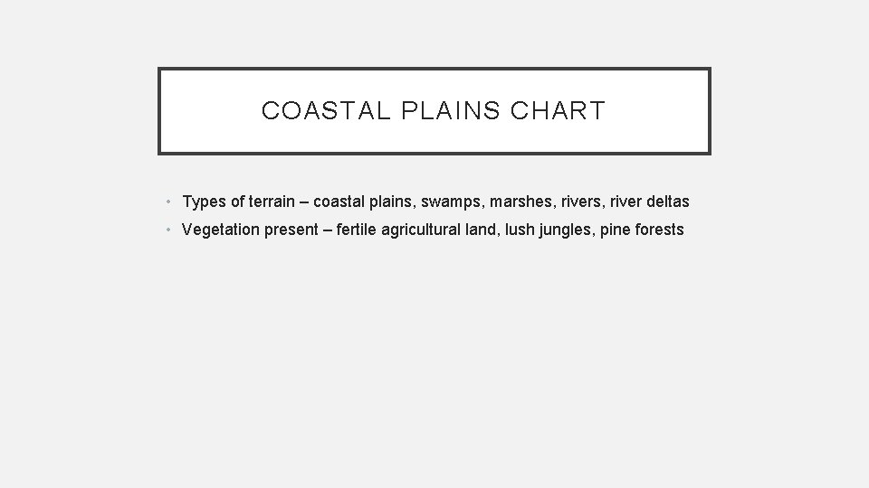 COASTAL PLAINS CHART • Types of terrain – coastal plains, swamps, marshes, river deltas