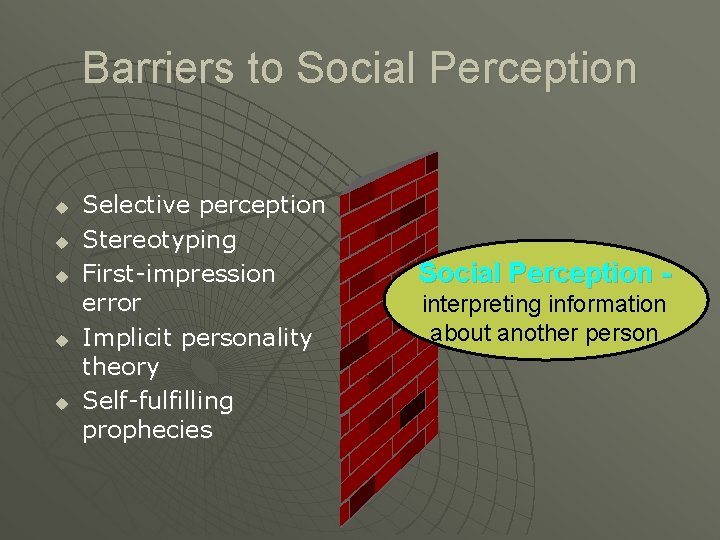 Barriers to Social Perception u u u Selective perception Stereotyping First-impression error Implicit personality