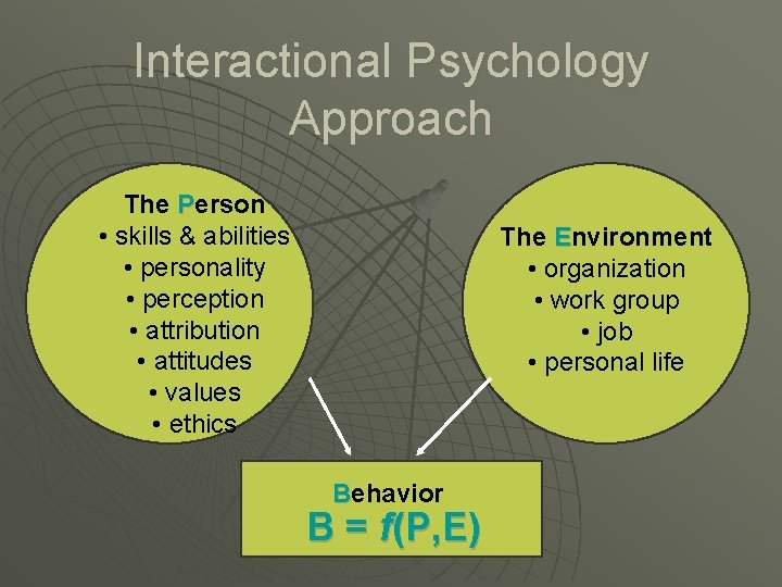 Interactional Psychology Approach The Person • skills & abilities • personality • perception •