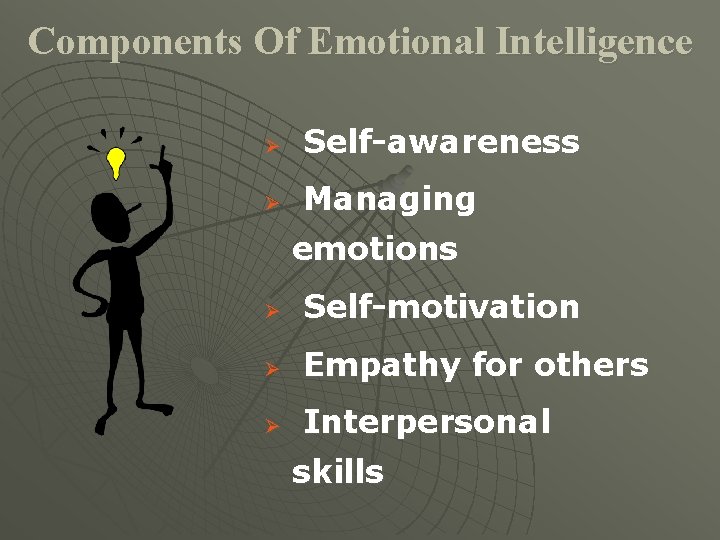 Components Of Emotional Intelligence Ø Self-awareness Ø Managing emotions Ø Self-motivation Ø Empathy for