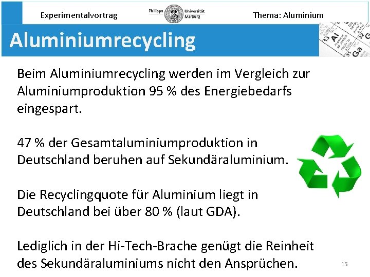 Experimentalvortrag Thema: Aluminiumrecycling Beim Aluminiumrecycling werden im Vergleich zur Aluminiumproduktion 95 % des Energiebedarfs