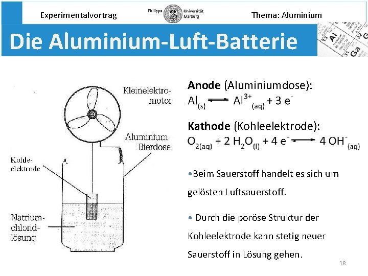 Experimentalvortrag Thema: Aluminium Die Aluminium-Luft-Batterie Anode (Aluminiumdose): Kathode (Kohleelektrode): • Beim Sauerstoff handelt es