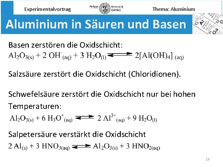 Experimentalvortrag Thema: Aluminium in Säuren und Basen zerstören die Oxidschicht: Salzsäure zerstört die Oxidschicht