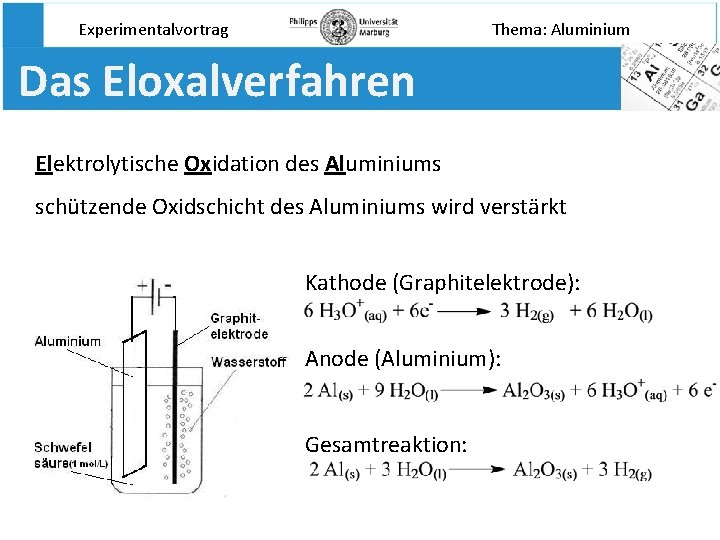 Experimentalvortrag Thema: Aluminium Das Eloxalverfahren Elektrolytische Oxidation des Aluminiums schützende Oxidschicht des Aluminiums wird