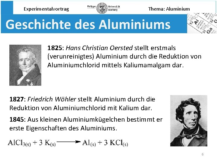 Experimentalvortrag Thema: Aluminium Geschichte des Aluminiums 1825: Hans Christian Oersted stellt erstmals (verunreinigtes) Aluminium