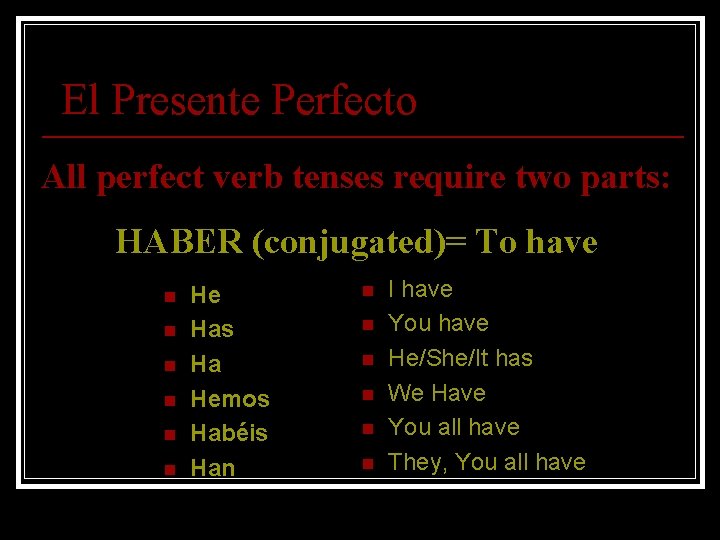 El Presente Perfecto All perfect verb tenses require two parts: HABER (conjugated)= To have