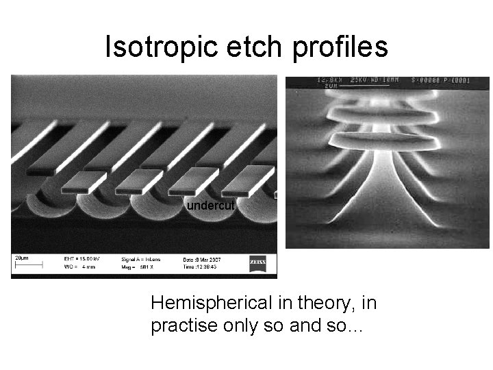 Isotropic etch profiles undercut Hemispherical in theory, in practise only so and so… 