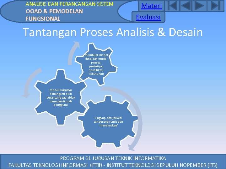 ANALISIS DAN PERANCANGAN SISTEM OOAD & PEMODELAN FUNGSIONAL Materi Evaluasi Tantangan Proses Analisis & ANALISIS DAN PERANCANGAN SISTEM OOAD & PEMODELAN FUNGSIONAL Materi Evaluasi Tantangan Proses Analisis &