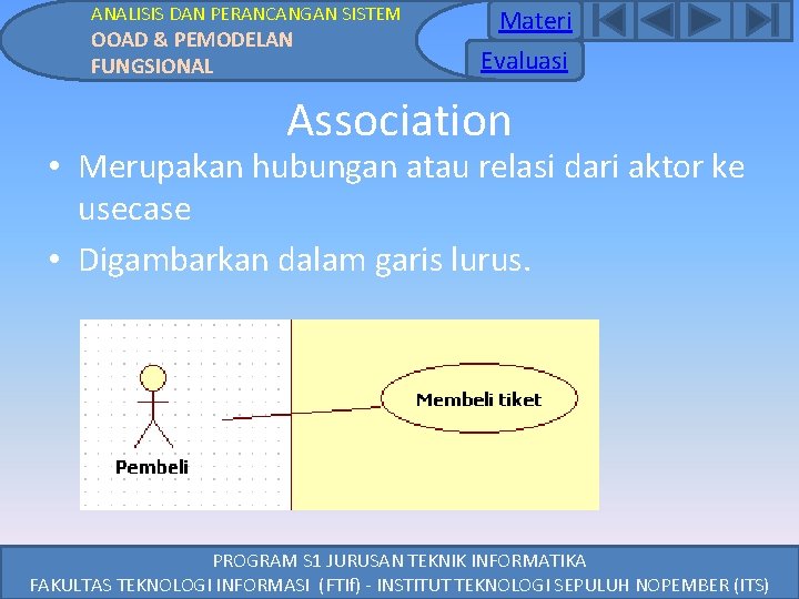 ANALISIS DAN PERANCANGAN SISTEM OOAD & PEMODELAN FUNGSIONAL Materi Evaluasi Association • Merupakan hubungan ANALISIS DAN PERANCANGAN SISTEM OOAD & PEMODELAN FUNGSIONAL Materi Evaluasi Association • Merupakan hubungan