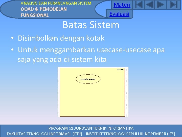 ANALISIS DAN PERANCANGAN SISTEM OOAD & PEMODELAN FUNGSIONAL Materi Evaluasi Batas Sistem • Disimbolkan ANALISIS DAN PERANCANGAN SISTEM OOAD & PEMODELAN FUNGSIONAL Materi Evaluasi Batas Sistem • Disimbolkan