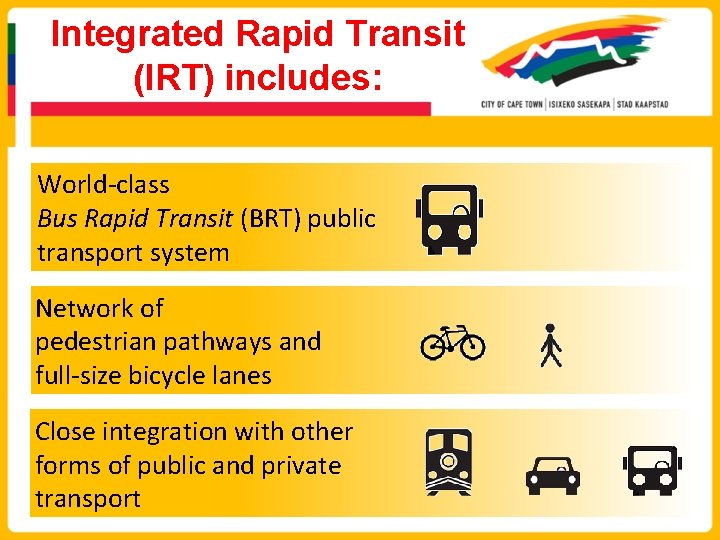 Integrated Rapid Transit (IRT) includes: World-class Bus Rapid Transit (BRT) public transport system Network