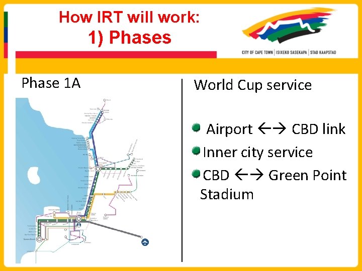 How IRT will work: 1) Phases Phase 1 A World Cup service Airport CBD