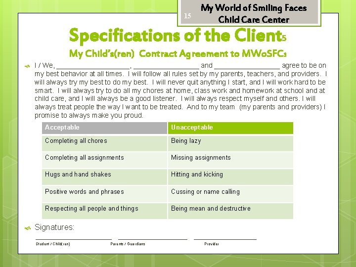 My World of Smiling Faces Child Care Center 15 Specifications of the Client 5