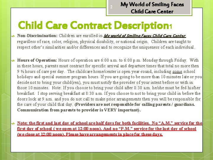2 My World of Smiling Faces Child Care Center Child Care Contract Description 1