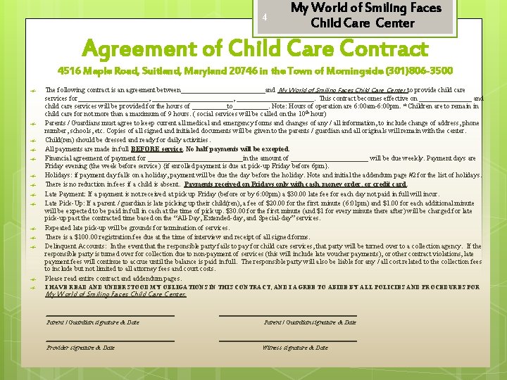 4 My World of Smiling Faces Child Care Center Agreement of Child Care Contract