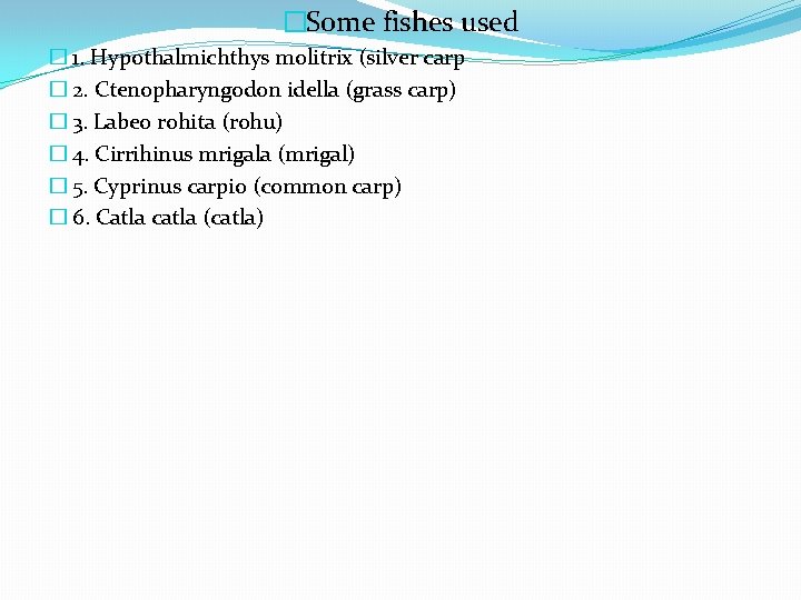�Some fishes used � 1. Hypothalmichthys molitrix (silver carp � 2. Ctenopharyngodon idella (grass