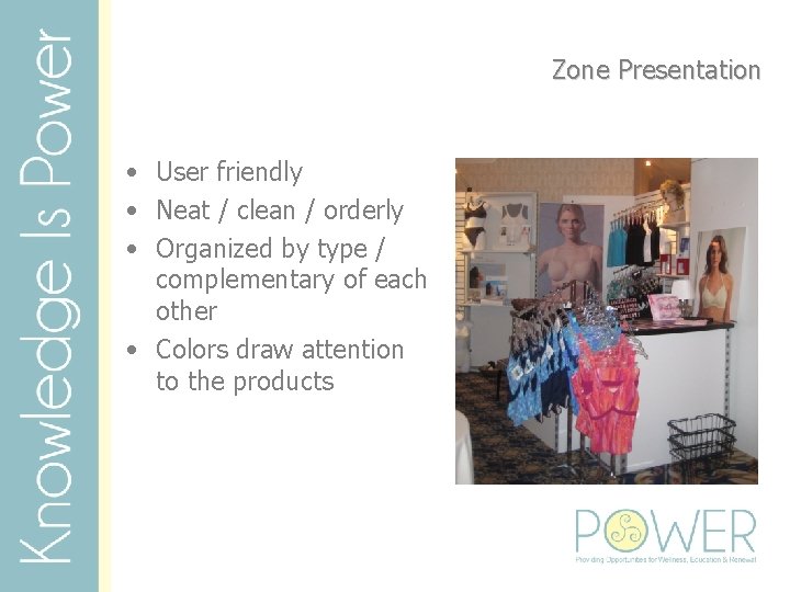 Zone Presentation • User friendly • Neat / clean / orderly • Organized by